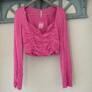 NWOT Free People Pink Cropped Top Long Sleeve Ruched Feminine Boho Retro Viscose